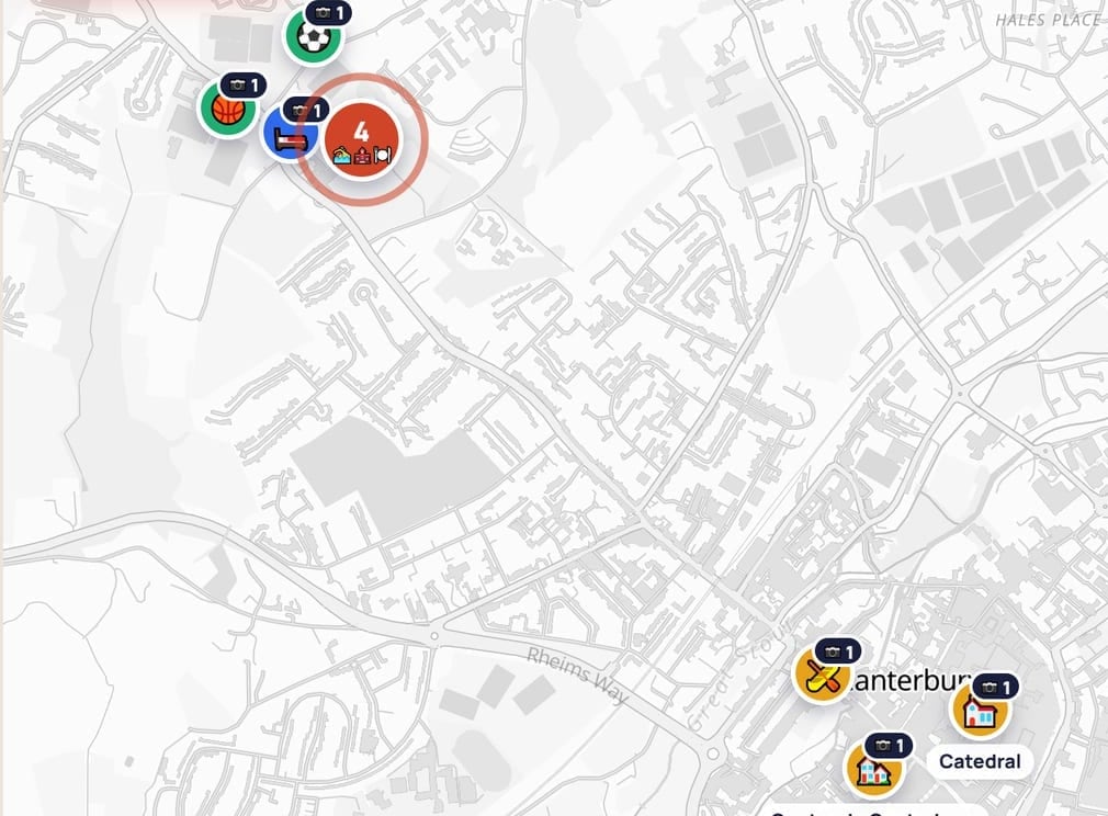 Mapa del grupo de St Edmund's: el colegio y el centro de Canterbury con su catedral
