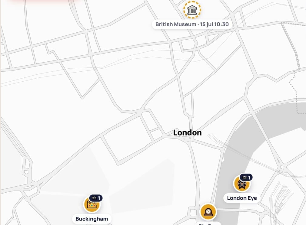 Londres en el mapa: Buckingham, Big Ben, London Eye y el British Museum con su fecha